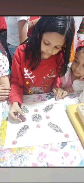 Block printing activity organised by TASK for children  and ladies of BPCL colony on the occasion Christmas fair- excited and overwhelmed at the enthusiastic participation